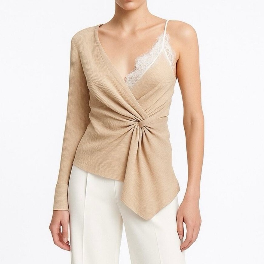 New Zara Beige Tan Asymmetrical Cami V Neck Lace One Shoulder Blouse Top - Picture 14 of 16